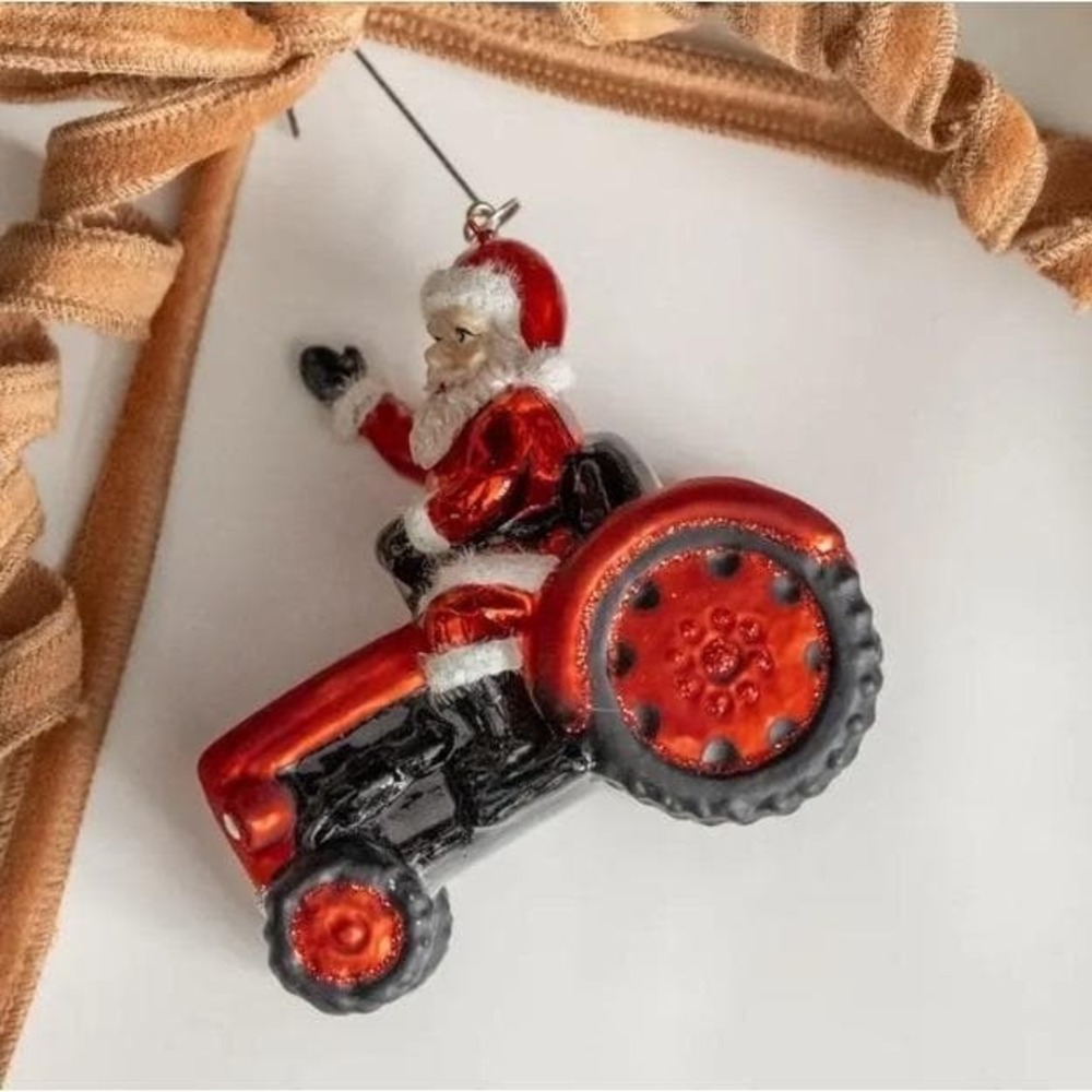 Ragon House Christmas‎ Vtg Style Santa on Red Tractor Ornament Blown Glass NEW